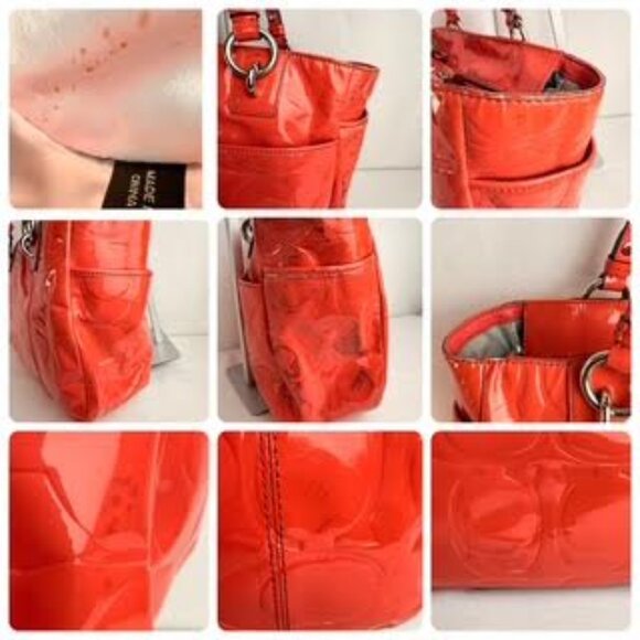 Coach Patent Leather Red Signature Embossed Tote Bag Shoulder Purse - Picture 11 of 11